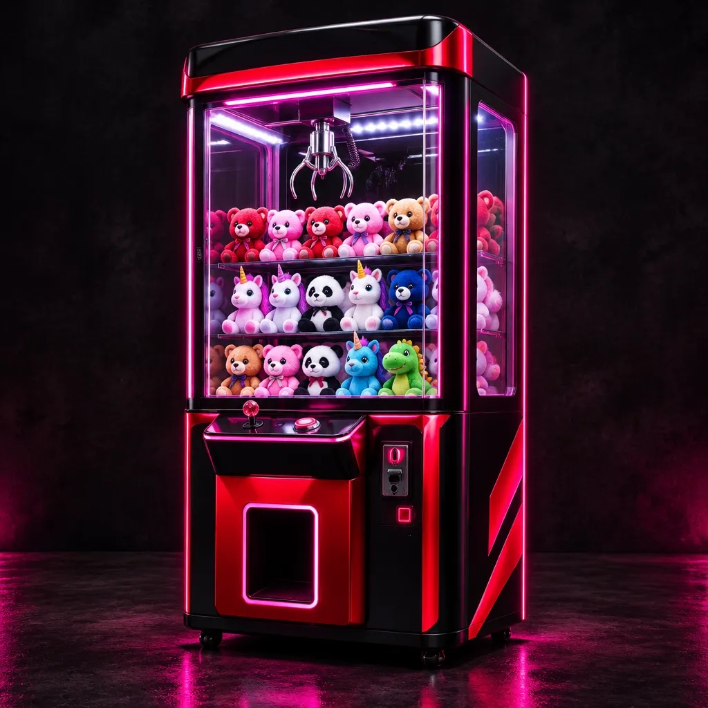 Illuminated claw machine filled with colorful plush toys