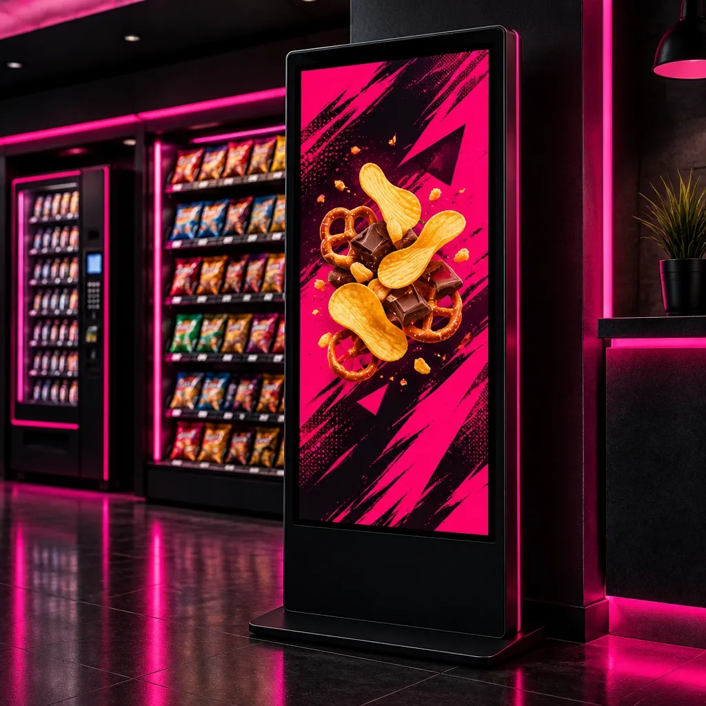 Digital display kiosk showing a colorful snack promotion